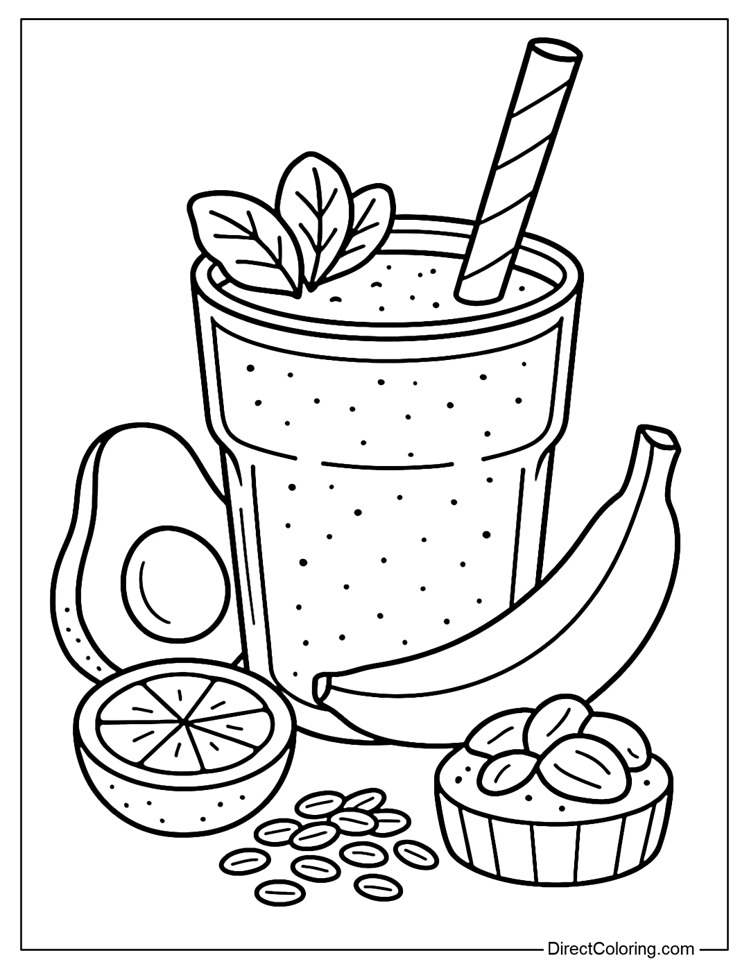 Green smoothie coloring page with avocado, spinach, banana, oats.